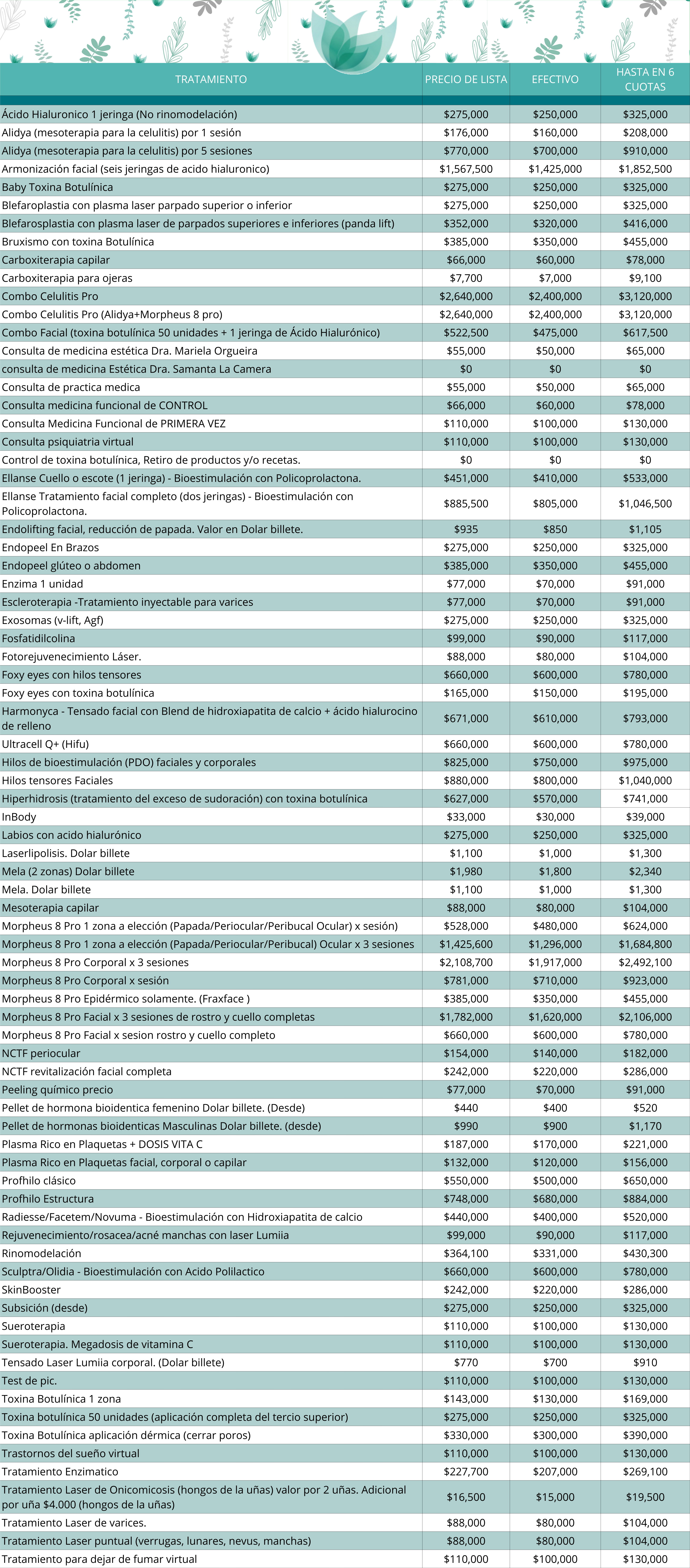 Lista de precios Alma Estética Buenos Aires