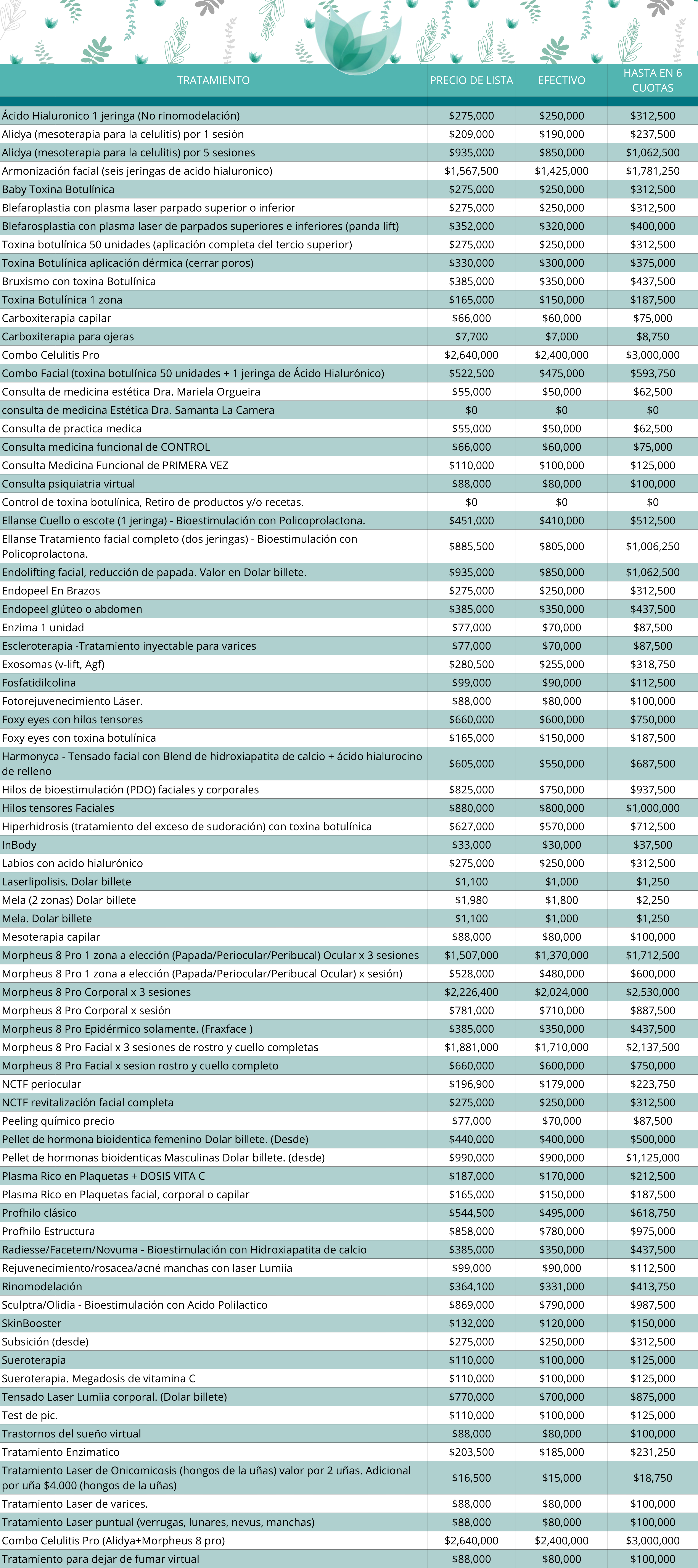 Lista de precios Alma Estética Buenos Aires